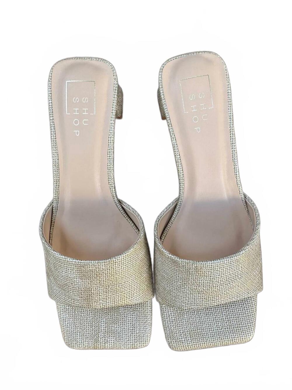 NEW SHU SHOP women's fortune heels in gold woven